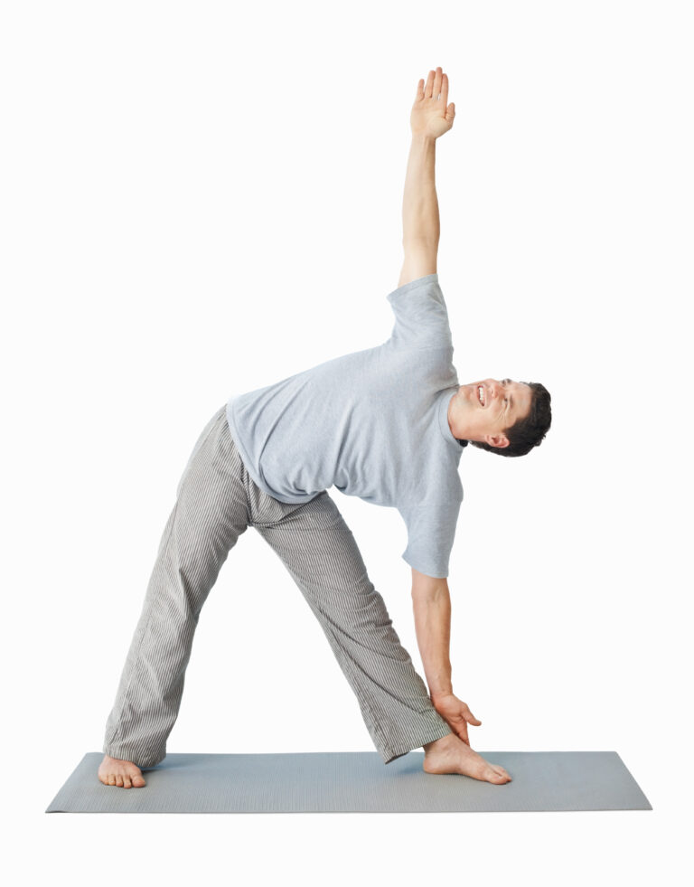Smiling mid adult guy exercising over white